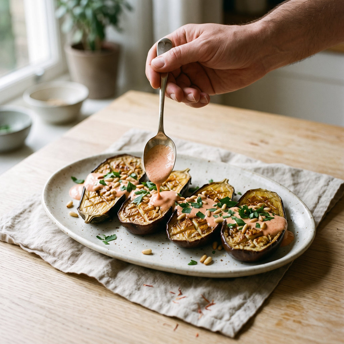 Aubergines rôties, sauce yaourt-harissa et pignons