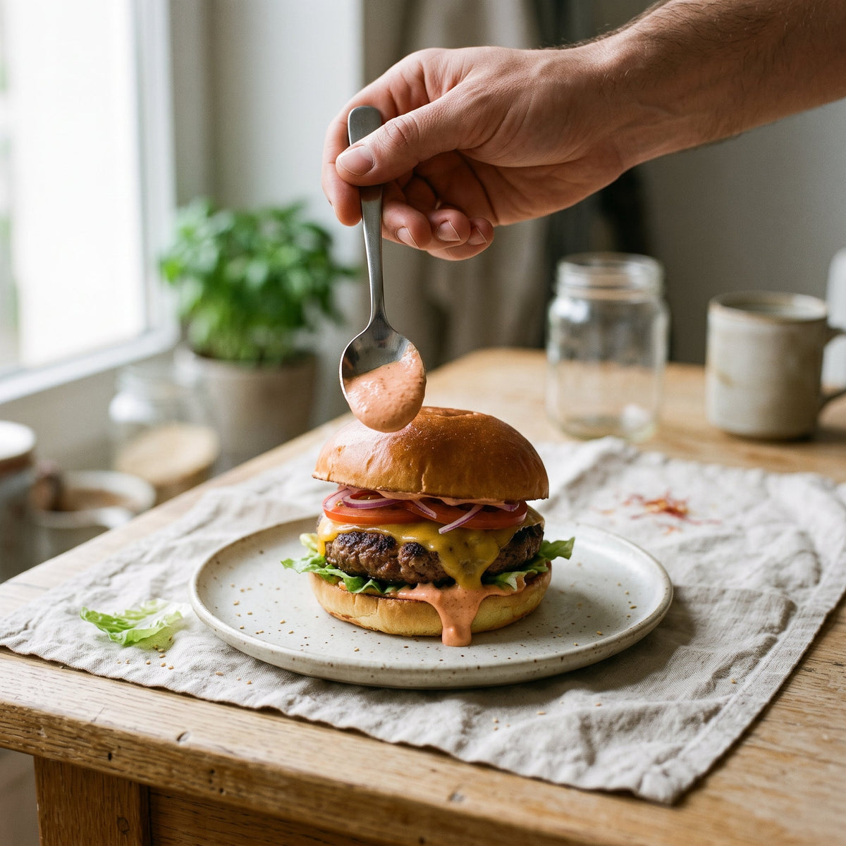Burger maison, mayonnaise rose à la harissa