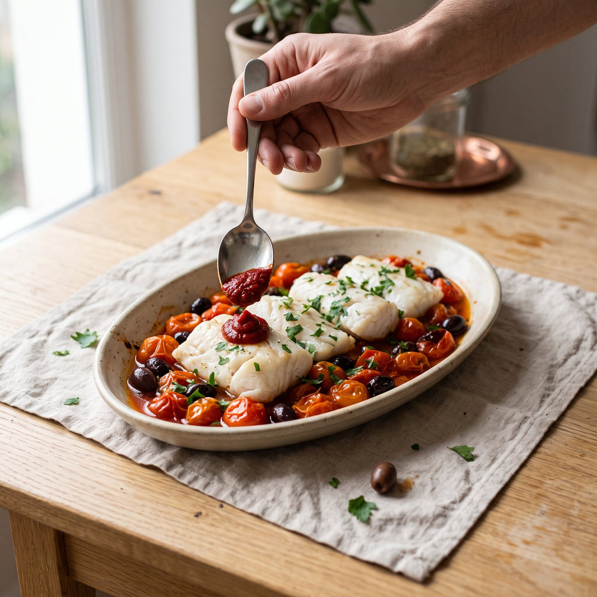 Cabillaud rôti sur lit de tomates cerises, olives et harissa