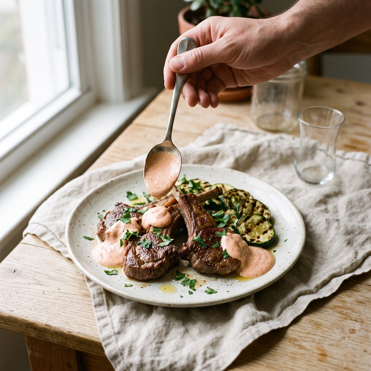 Côtelettes d'agneau grillées, courgettes et sauce yaourt-harissa