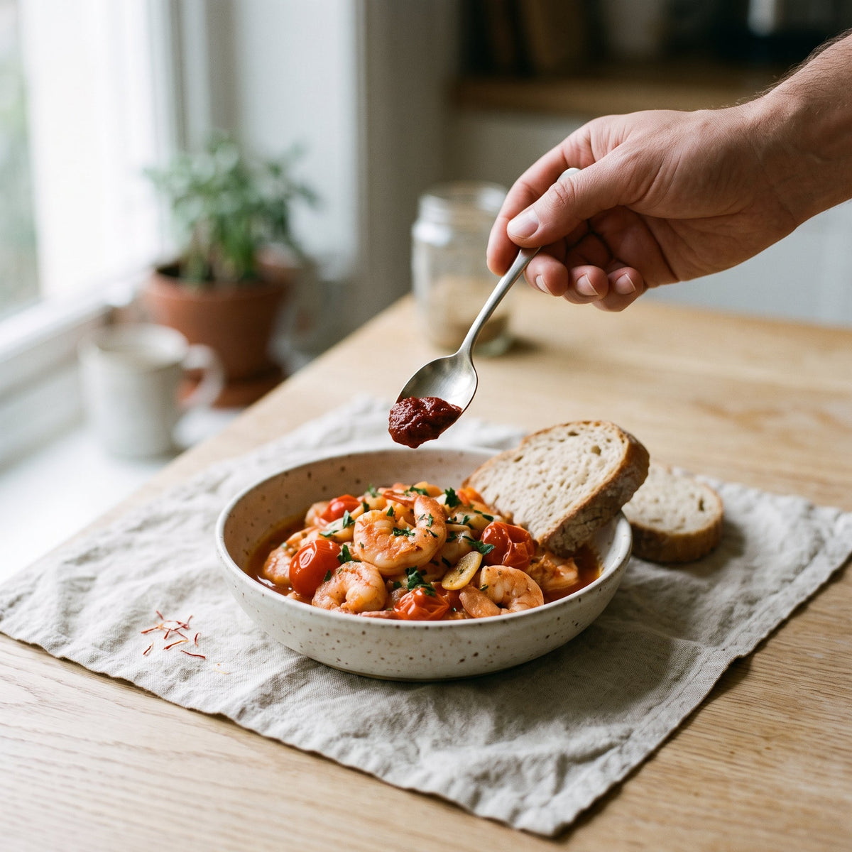 Crevettes sautées à la harissa, tomates et ail