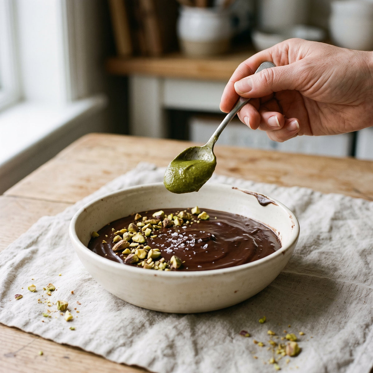 Ganache chocolat-pistache (pour ~6 portions, soit ~350 g de ganache)