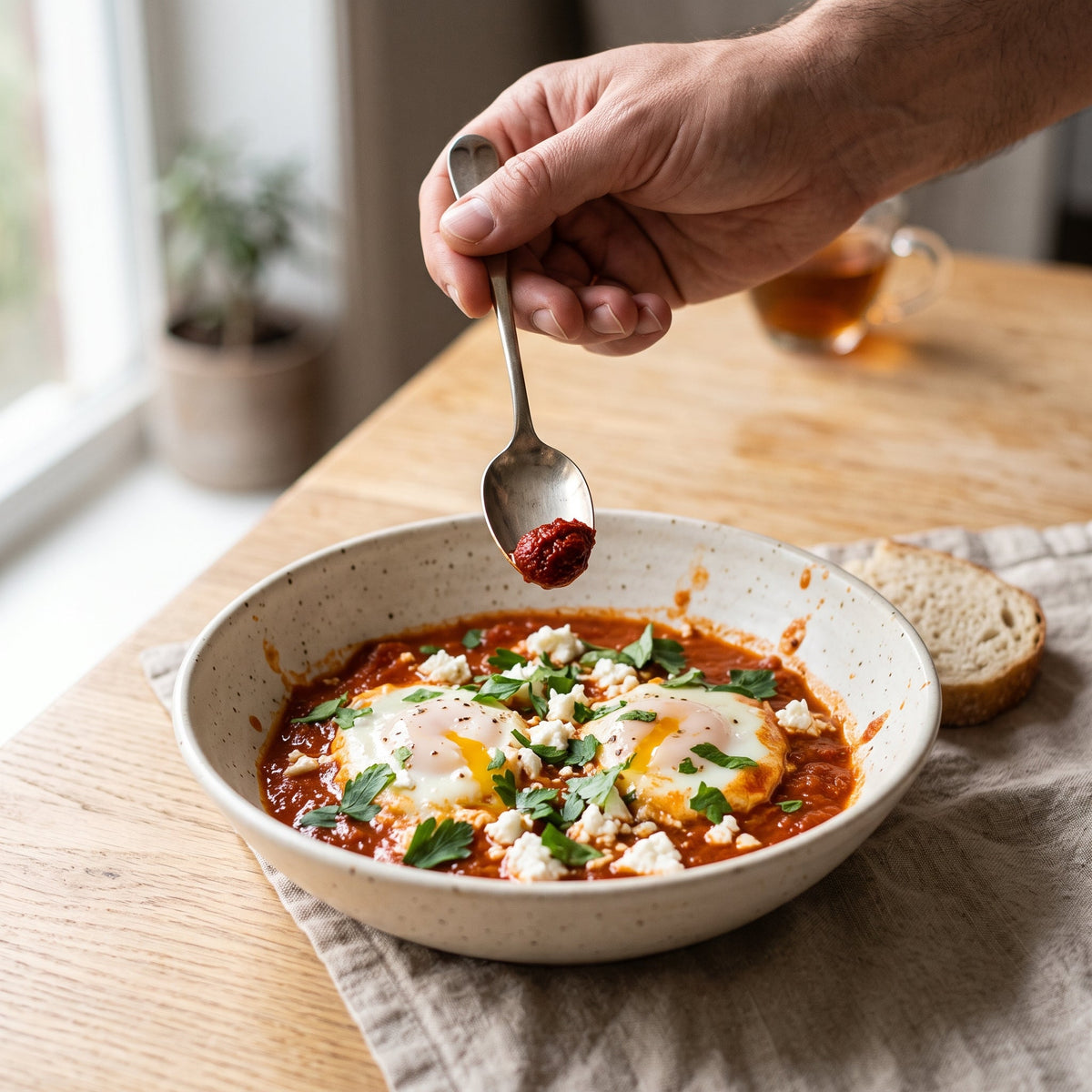 Œufs pochés en sauce tomate, feta et persil (shakshuka express)