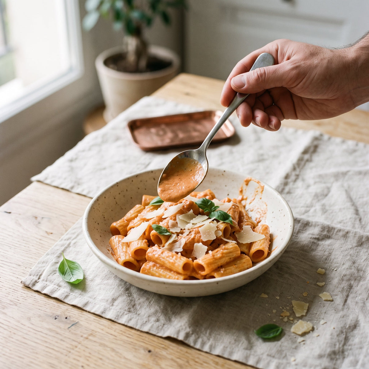 Rigatoni, sauce tomate-mascarpone à la harissa