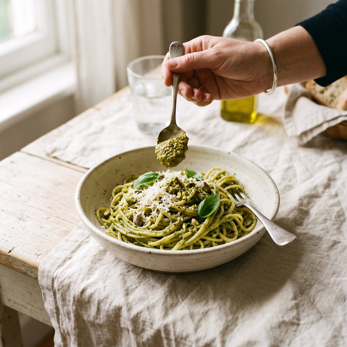 Spaghetti au pesto de pistache (pâte 100 % Maison Boteh)