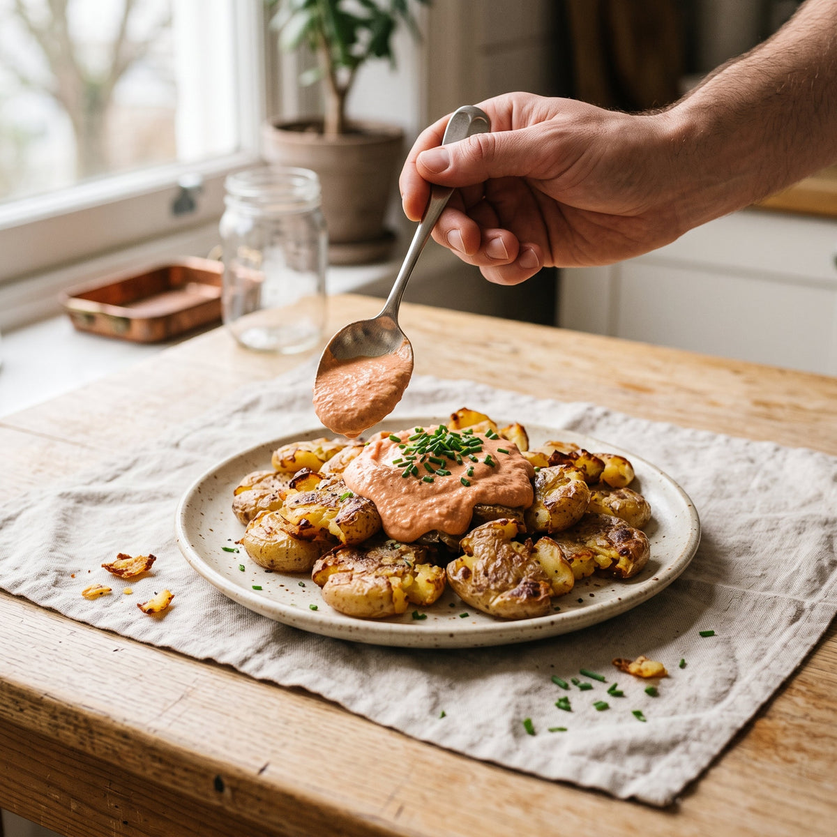 Pommes de terre écrasées rôties, crème fraîche à la harissa