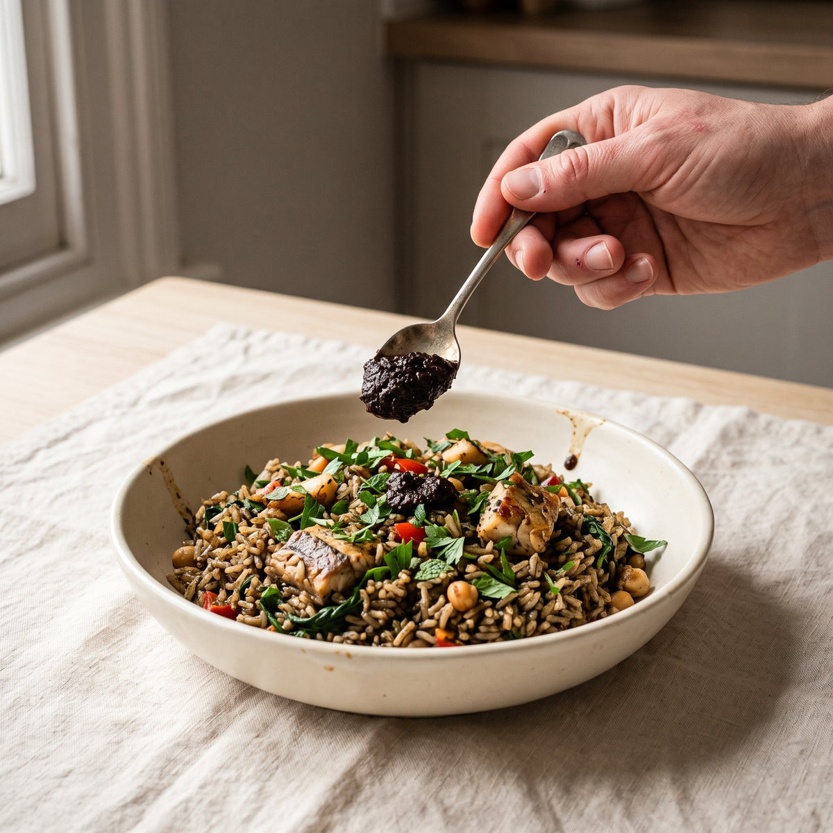 Riz pilaf, maquereau saisi &amp; Pâte de citron noir(« or noir »)
