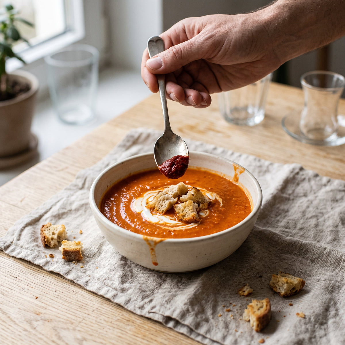 Soupe de tomates et poivrons rôtis, croûtons et crème