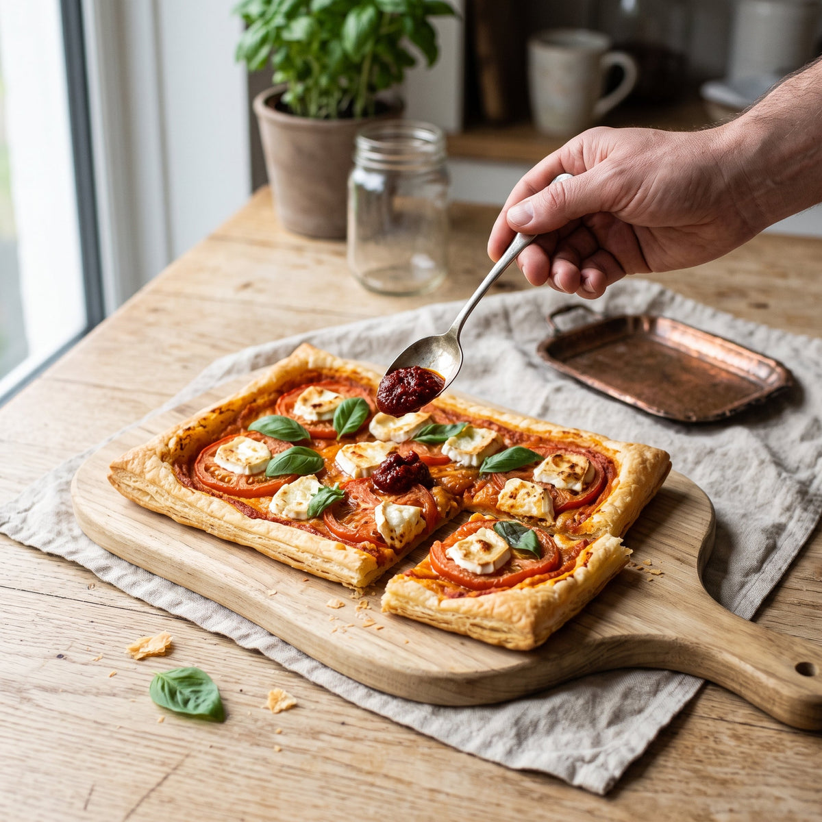 Tarte fine tomates, chèvre frais et harissa