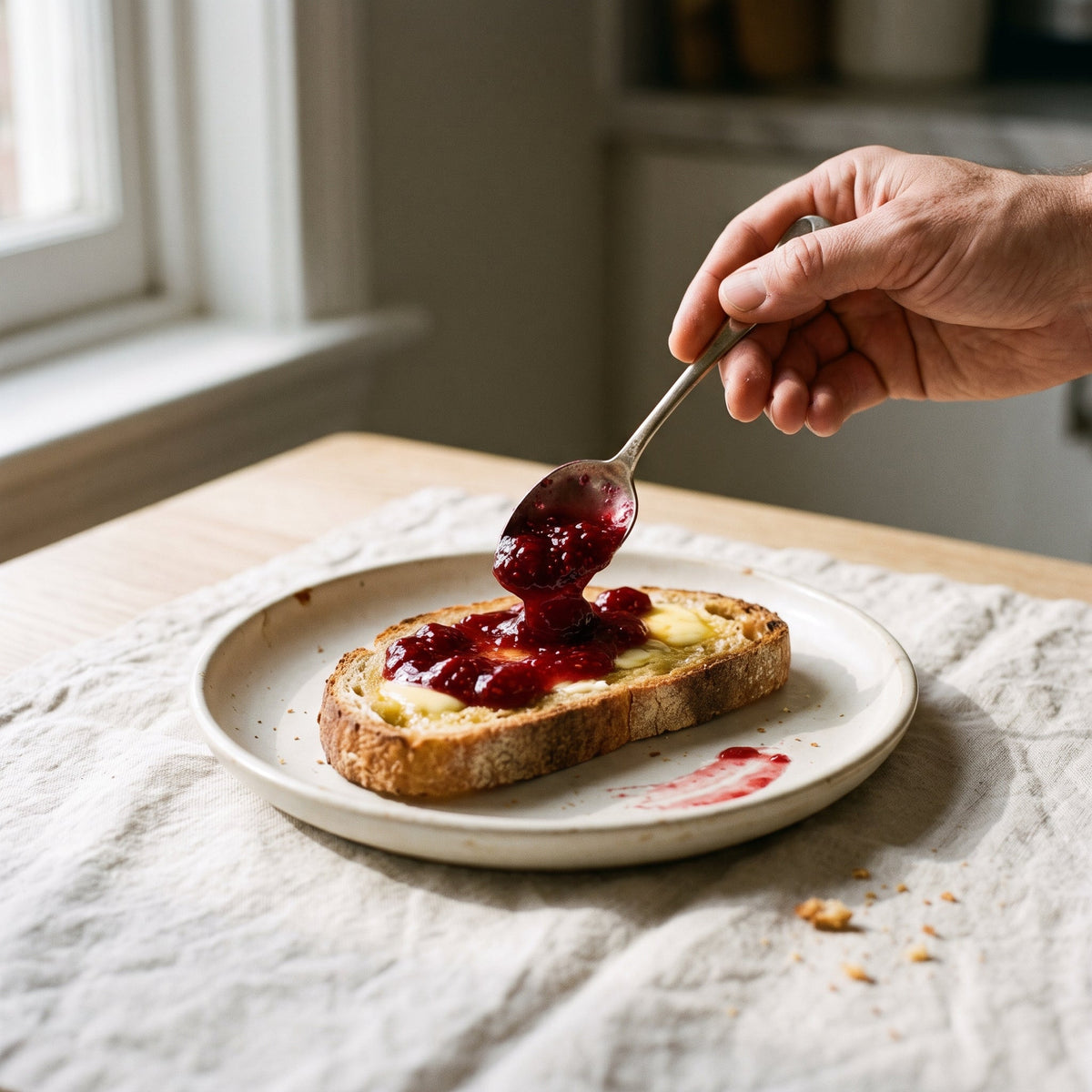 Tartine du matin — pain de campagne, beurre, confiture framboise-géranium-pistache