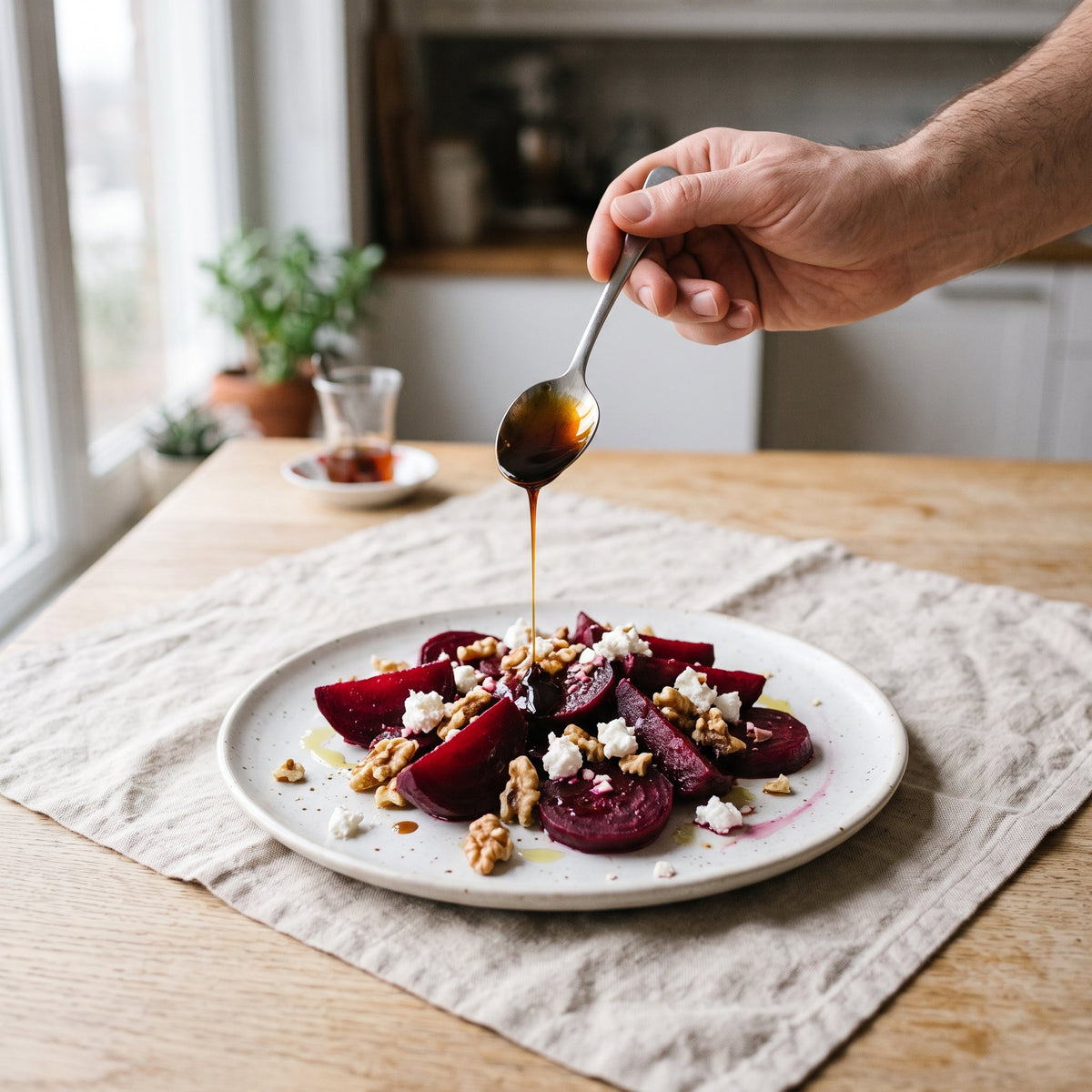 Betteraves, chèvre frais et noix