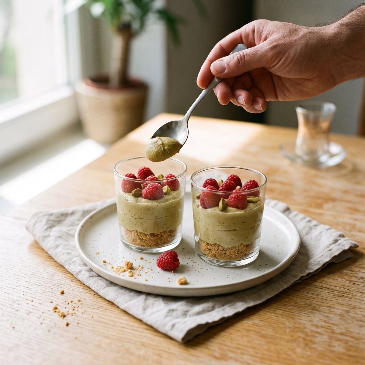 Verrines façon cheesecake, pistache et framboise