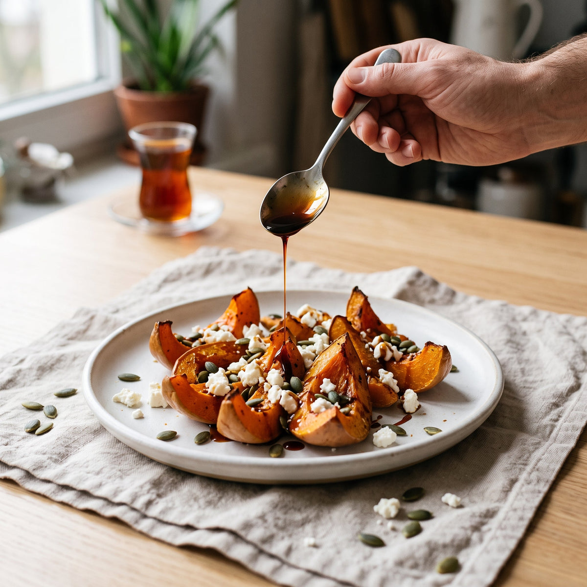 Courge rôtie, feta et graines